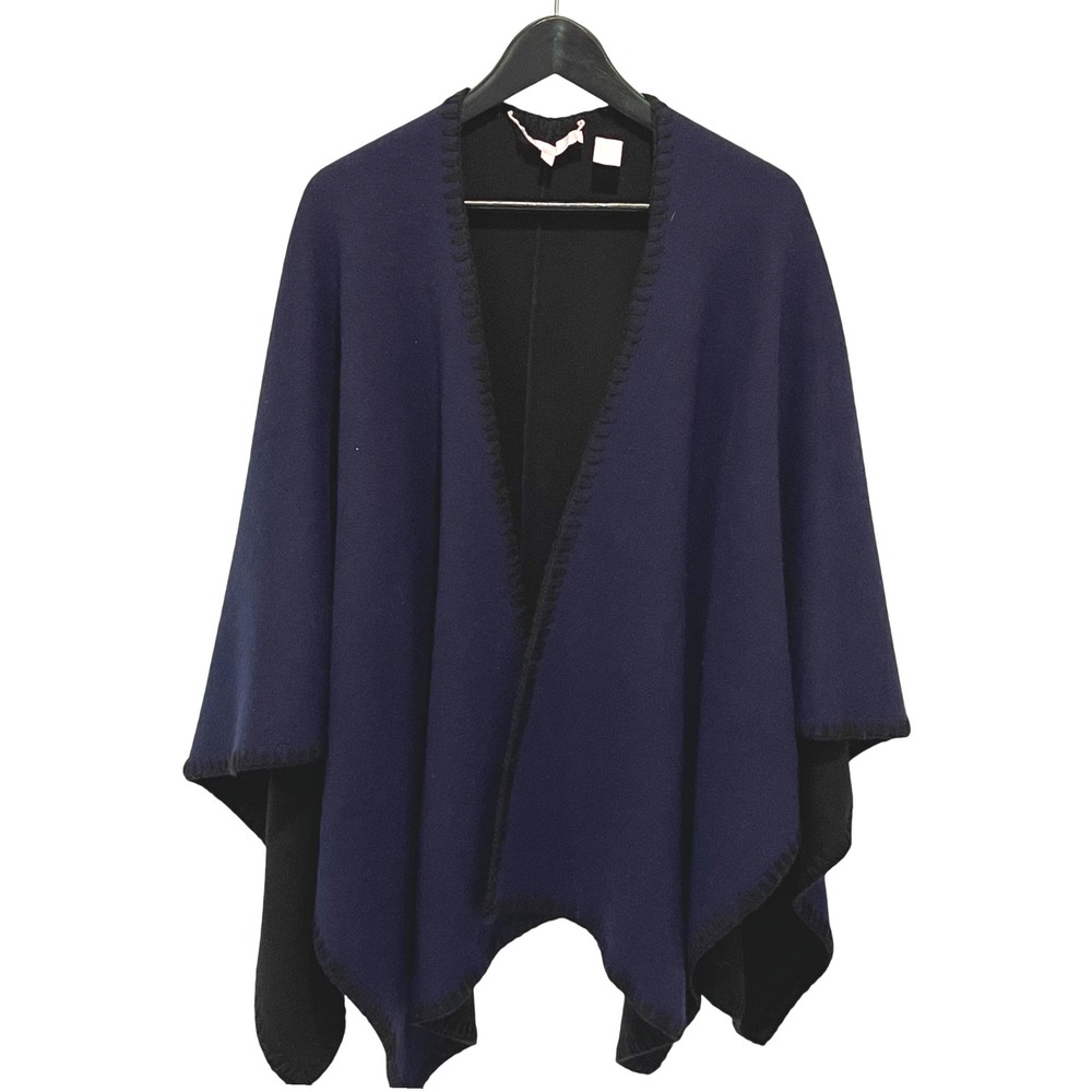 The Cashmere Project Navy Blue Black Trim Open Front‎ Poncho Wrap Cape Shawl OS
